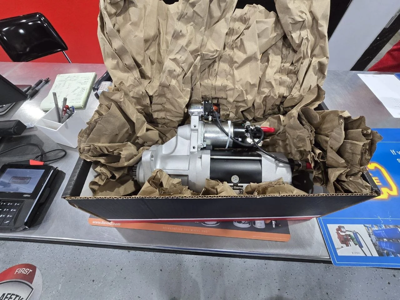 Brand new heavy-duty truck starter motor ready for installation