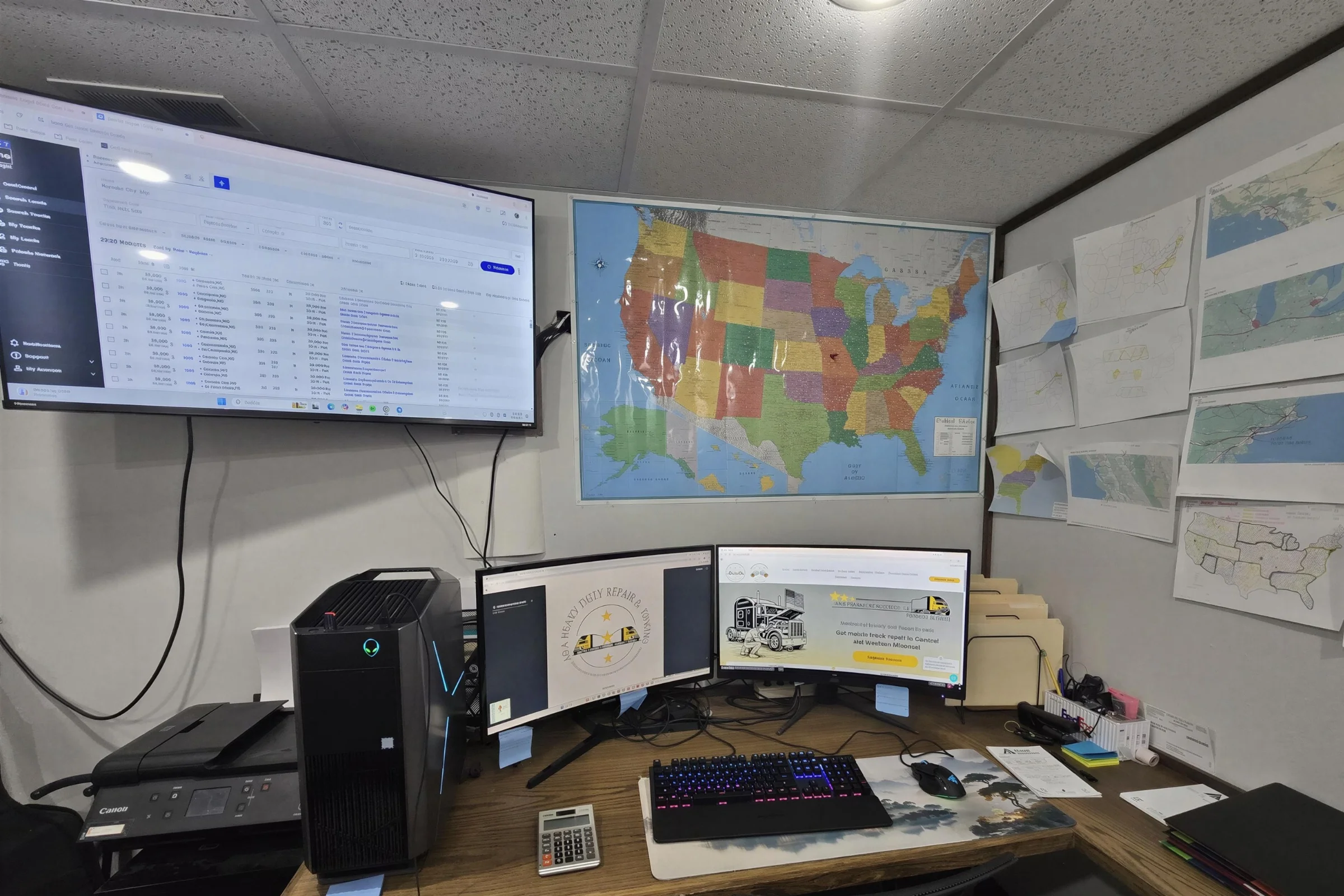 A&A Heavy Duty Repair & Towing dispatch office with load boards, monitors, and a route map